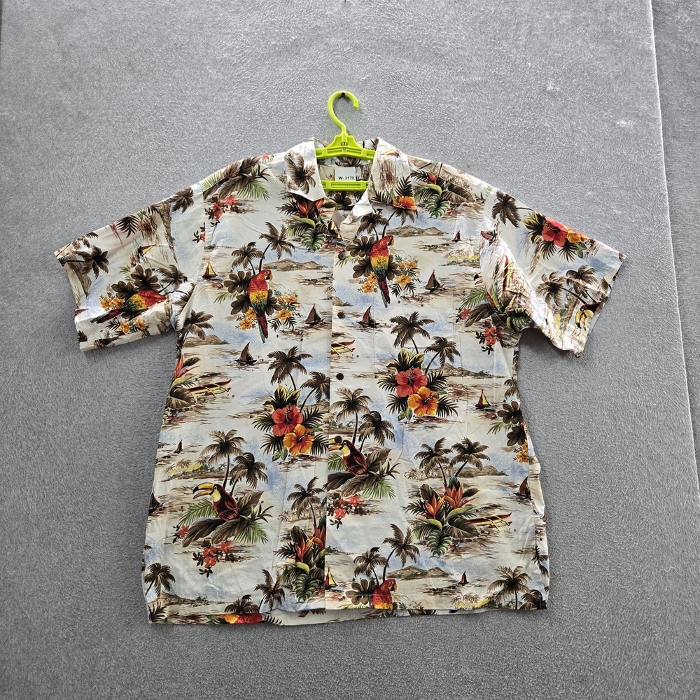 Go Barefoot Men Button Up Shirt XL Beige Floral Parrots Palm Trees Hawaiian USA